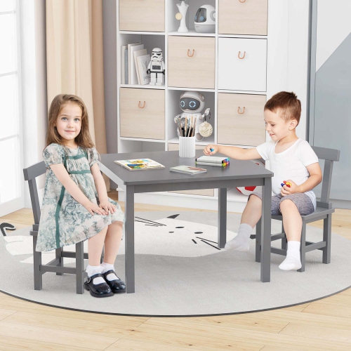 Costway Wooden Kids Table and 2 Chairs Set with Rubber Wood Legs Anti-slip Foot Pads