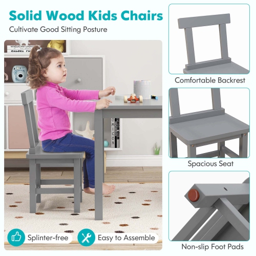 Costway Wooden Kids Table and 2 Chairs Set with Rubber Wood Legs Anti-slip Foot Pads