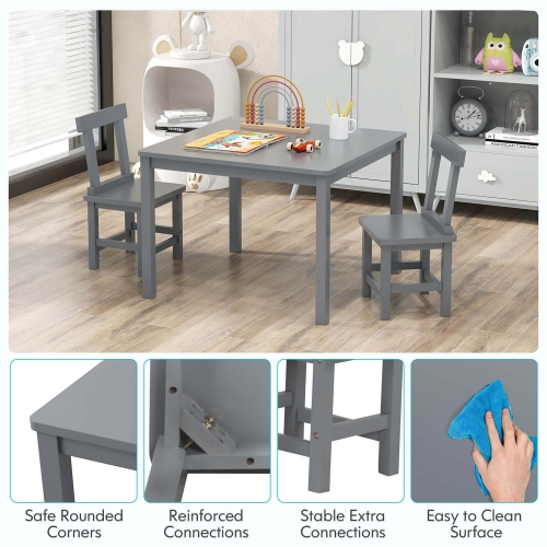 Costway Wooden Kids Table and 2 Chairs Set with Rubber Wood Legs Anti-slip Foot Pads