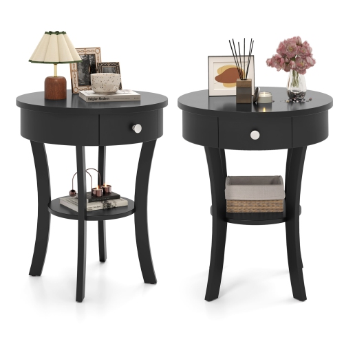 COSTWAY  2 PCs 2-Tier Side End Sofa Table Round Nightstand Bedroom Living Room