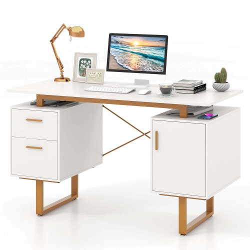 Costway 51" Home Office Desk with Floating Desktop Dual Drawers Cabinet & Metal Frame
