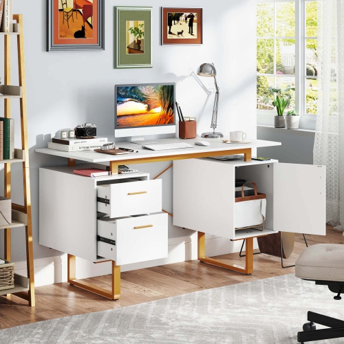 Costway 51" Home Office Desk with Floating Desktop Dual Drawers Cabinet & Metal Frame