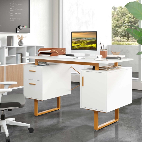 Costway 51" Home Office Desk with Floating Desktop Dual Drawers Cabinet & Metal Frame