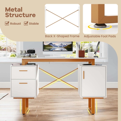 Costway 51" Home Office Desk with Floating Desktop Dual Drawers Cabinet & Metal Frame