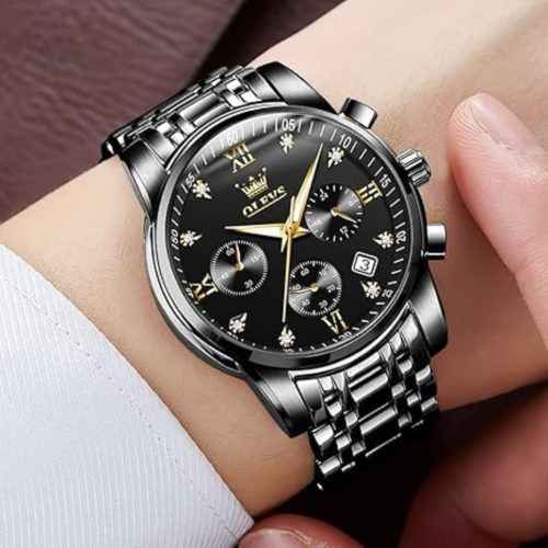OLEVS Men's Stainless Steel Chronograph Watch, Big Face Multi Dial Waterproof Luminous Analog Quartz Watch, Luxury Date Diamond Classic Men Wrist
