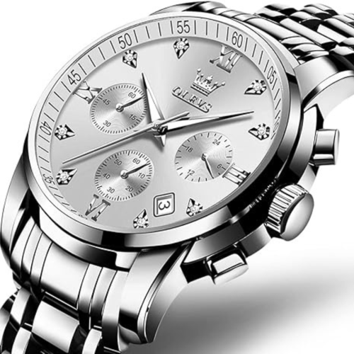 OLEVS Men's Stainless Steel Chronograph Watch, Big Face Multi Dial Waterproof Luminous Analog Quartz Watch, Luxury Date Diamond Classic Men Wrist