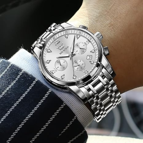 OLEVS Men's Stainless Steel Chronograph Watch, Big Face Multi Dial Waterproof Luminous Analog Quartz Watch, Luxury Date Diamond Classic Men Wrist