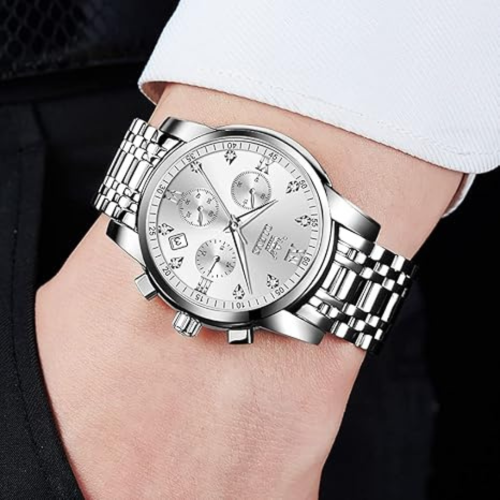 OLEVS Men's Stainless Steel Chronograph Watch, Big Face Multi Dial Waterproof Luminous Analog Quartz Watch, Luxury Date Diamond Classic Men Wrist