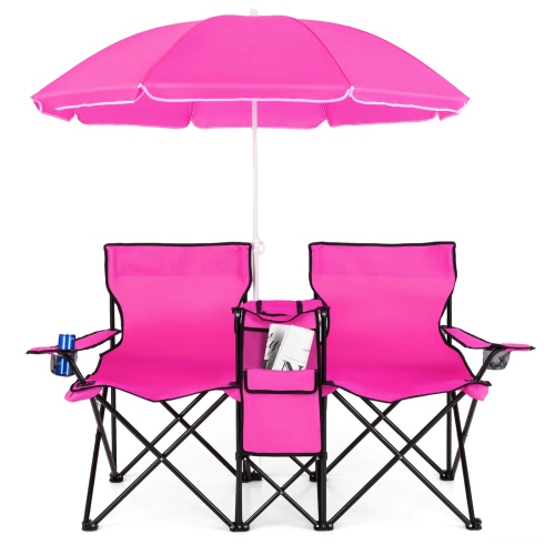 Chaise de pique-nique pliable portative double avec table-parapluie et glacière de Costway pour le camping sur la plage