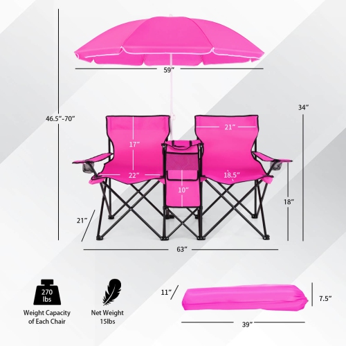 Chaise de pique-nique pliable portative double avec table-parapluie et glacière de Costway pour le camping sur la plage