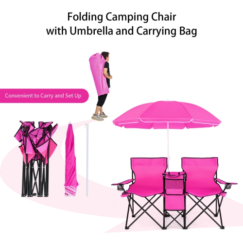 Chaise de pique-nique pliable portative double avec table-parapluie et glacière de Costway pour le camping sur la plage