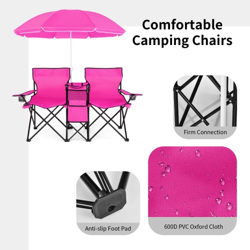 Chaise de pique-nique pliable portative double avec table-parapluie et glacière de Costway pour le camping sur la plage