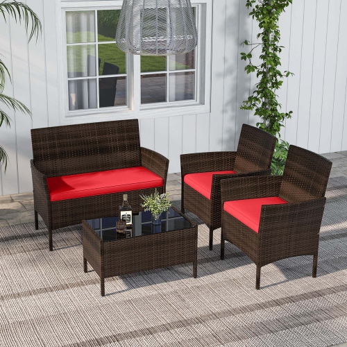 Costway 4 PCS Patio Furniture Set with Washable Cushions and Tempered Glass Coffee Table