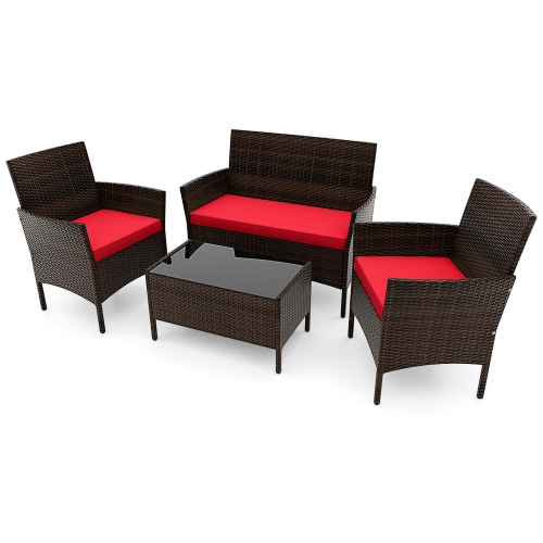 Costway 4 PCS Patio Furniture Set with Washable Cushions and Tempered Glass Coffee Table