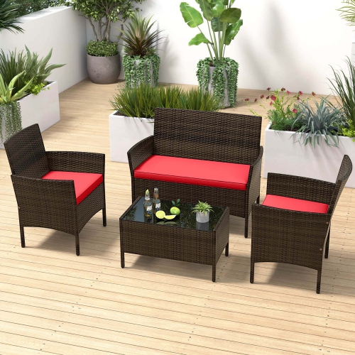 Costway 8 PCS Patio Furniture Set with Washable Cushions and Tempered Glass Coffee Table