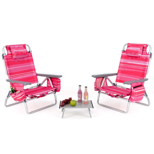 COSTWAY  2-Pack Folding Backpack Beach Chair Table Set 5-Position Outdoor Reclining Chair