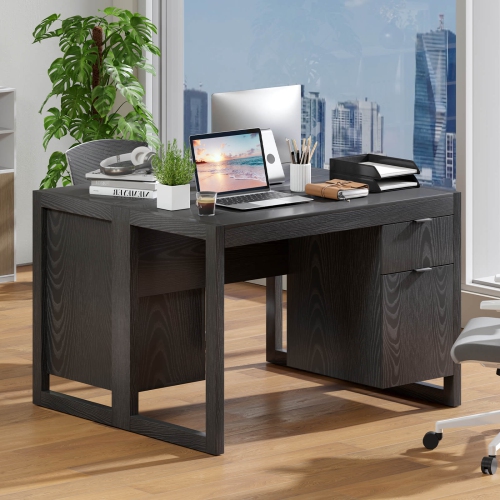 Costway Computer Desk with Storage Cabinet Pull-out Drawer Stable Thick Legs for Bedroom