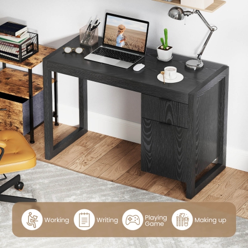 Costway Computer Desk with Storage Cabinet Pull-out Drawer Stable Thick Legs for Bedroom