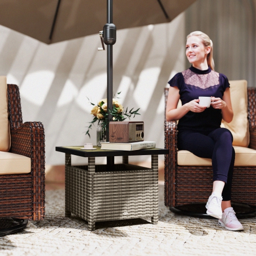 Outsunny 22" Square Steel PE Rattan Wicker Table With Umbrella Hole, Outdoor Patio Accent Dining Side Table Used as Umbrella Stand, Mixed-Grey