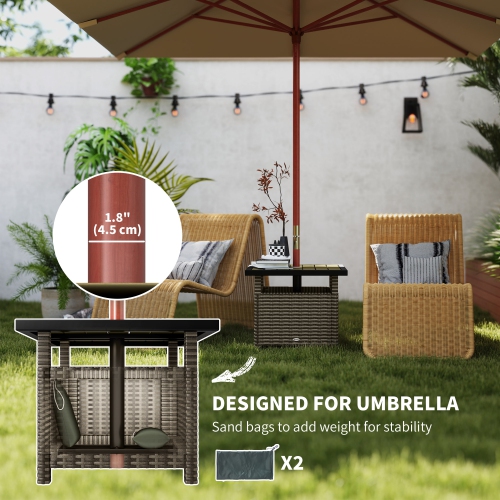 Outsunny 22" Square Steel PE Rattan Wicker Table With Umbrella Hole, Outdoor Patio Accent Dining Side Table Used as Umbrella Stand, Mixed-Grey