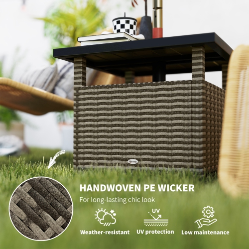 Outsunny 22" Square Steel PE Rattan Wicker Table With Umbrella Hole, Outdoor Patio Accent Dining Side Table Used as Umbrella Stand, Mixed-Grey