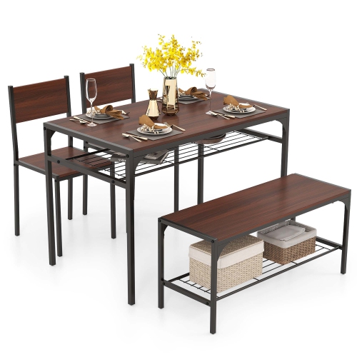 Costway Dining Table Set for 4 Rectangular Table with 2 Chairs, 1 Bench, Storage Racks Rustic