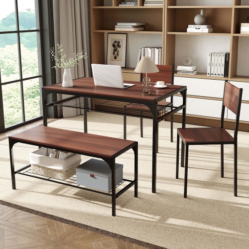 Costway Dining Table Set for 4 Rectangular Table with 2 Chairs, 1 Bench, Storage Racks Rustic