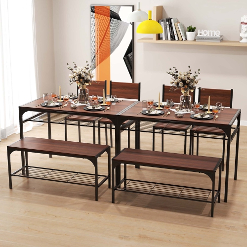 Costway Dining Table Set for 4 Rectangular Table with 2 Chairs, 1 Bench, Storage Racks Rustic
