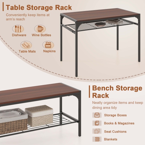 Costway Dining Table Set for 4 Rectangular Table with 2 Chairs, 1 Bench, Storage Racks Rustic