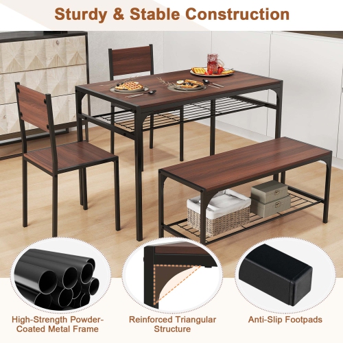 Costway Dining Table Set for 4 Rectangular Table with 2 Chairs, 1 Bench, Storage Racks Rustic