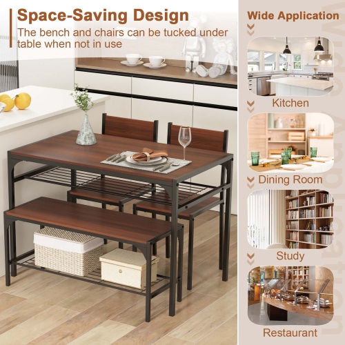 Costway Dining Table Set for 4 Rectangular Table with 2 Chairs, 1 Bench, Storage Racks Rustic