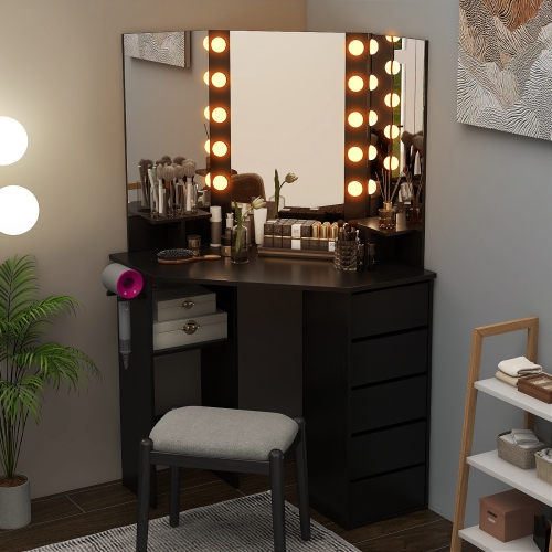 Coiffeuse en coin avec miroir LED et prises d'alimentation de Costway