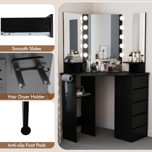 Coiffeuse en coin avec miroir LED et prises d'alimentation de Costway