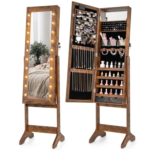 Costway LED Mirror Jewelry Cabinet with 20 LED Lights Full-Length Mirror Adjustable Angles