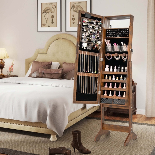 Costway LED Mirror Jewelry Cabinet with 20 LED Lights Full-Length Mirror Adjustable Angles