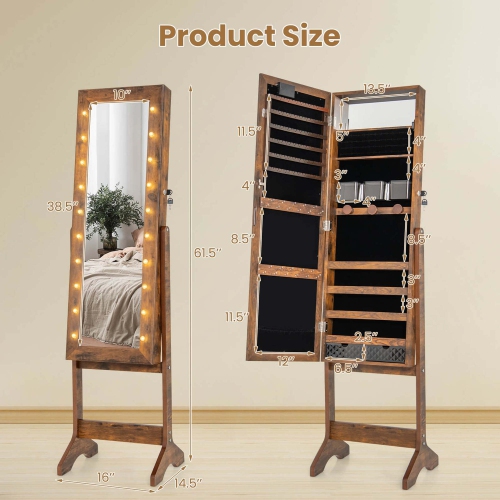 Costway LED Mirror Jewelry Cabinet with 20 LED Lights Full-Length Mirror Adjustable Angles