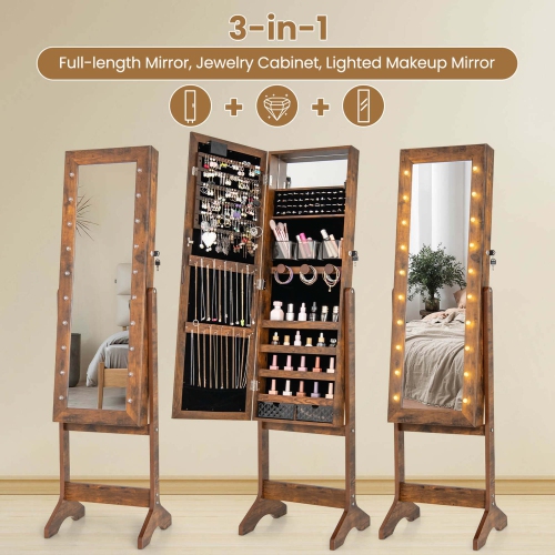 Costway LED Mirror Jewelry Cabinet with 20 LED Lights Full-Length Mirror Adjustable Angles