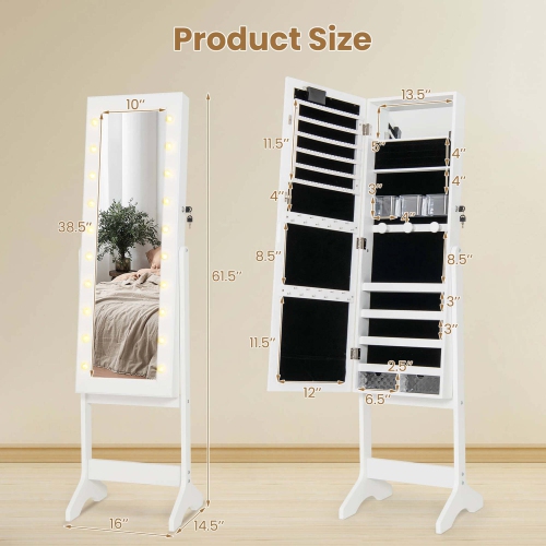 Costway LED Mirror Jewelry Cabinet with 20 LED Lights Full-Length Mirror Adjustable Angles