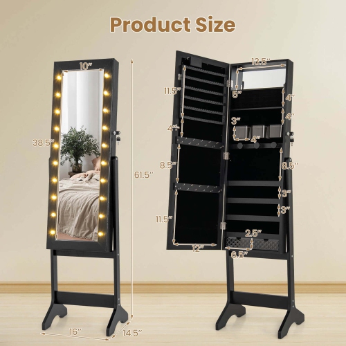 Armoire à bijoux miroir LED de Costway avec 20 lumières LED pleine longueur, angles réglables