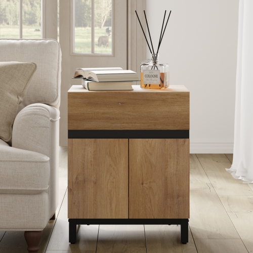 WAMPAT Modern End Table with 1 Drawer & 1 Storage Cabinet, Farmhouse Sofa Table with 2 Open Door, Wood Rustic Side End Table for Living Room,