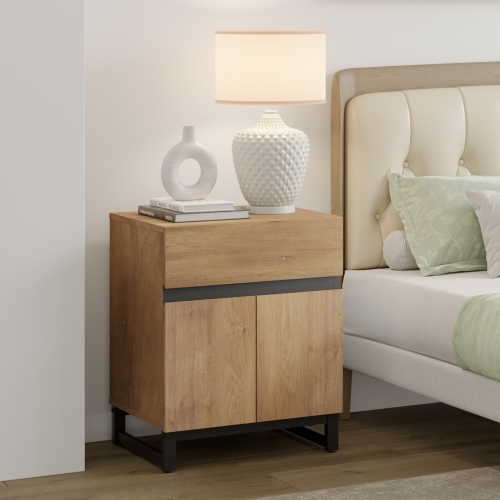 WAMPAT Modern End Table with 1 Drawer & 1 Storage Cabinet, Farmhouse Sofa Table with 2 Open Door, Wood Rustic Side End Table for Living Room,