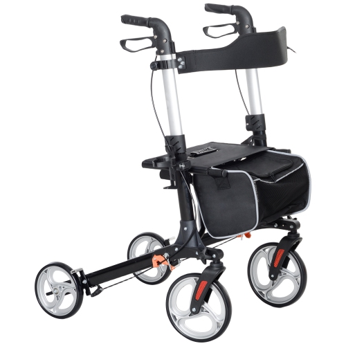 HOMCOM Rollator Walker for Tall, Senior, Adult with 9" Wheels, Seat, Back, Aluminum Lightweight Folding Rolling Walker with Adjustable Handle, Bag,