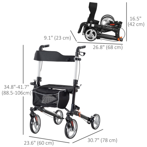 HOMCOM Rollator Walker for Tall, Senior, Adult with 9" Wheels, Seat, Back, Aluminum Lightweight Folding Rolling Walker with Adjustable Handle, Bag,