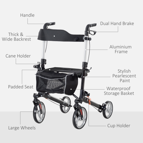 HOMCOM Rollator Walker for Tall, Senior, Adult with 9" Wheels, Seat, Back, Aluminum Lightweight Folding Rolling Walker with Adjustable Handle, Bag,