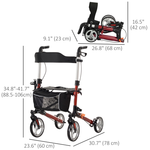 HOMCOM Rollator Walker for Tall, Seniors and Adults, Aluminum Lightweight Folding Rolling Walker with 9" Wheels, Adjustable Handle, Seat, Back, Dual