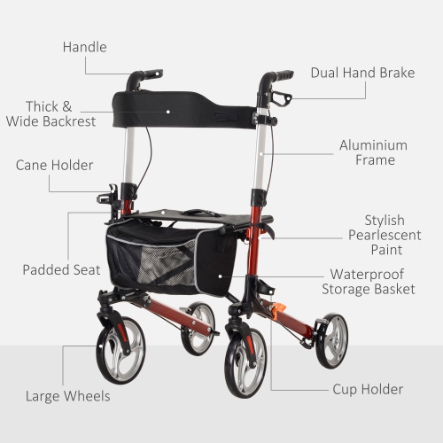 HOMCOM Rollator Walker for Tall, Seniors and Adults, Aluminum Lightweight Folding Rolling Walker with 9" Wheels, Adjustable Handle, Seat, Back, Dual