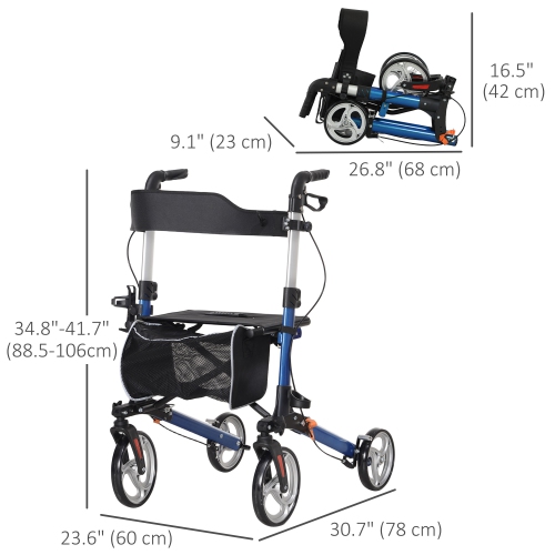 HOMCOM Rollator Walker for Senior, Adult, Tall with Adjustable Handle, Bag, Dual Brake, Aluminum Folding Lightweight Mobility Walker with 9" Wheels,