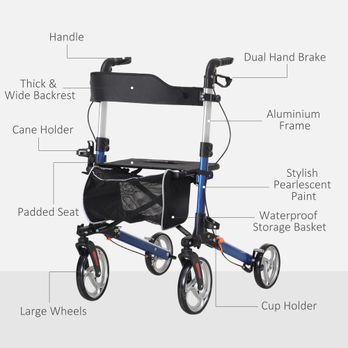 HOMCOM Rollator Walker for Senior, Adult, Tall with Adjustable Handle, Bag, Dual Brake, Aluminum Folding Lightweight Mobility Walker with 9" Wheels,