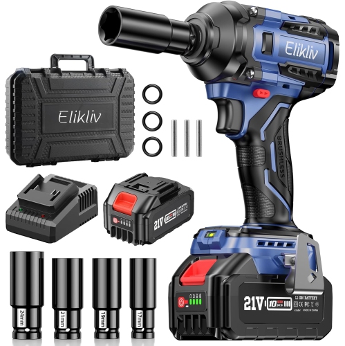 Elikliv Cordless Impact Wrench 1/2 inch, 500Ft-lbs Max Torque(650N.m), 21V 3000 RPM Power Impact Gun with 4 Sockets, 4000mAh Battery with Fast