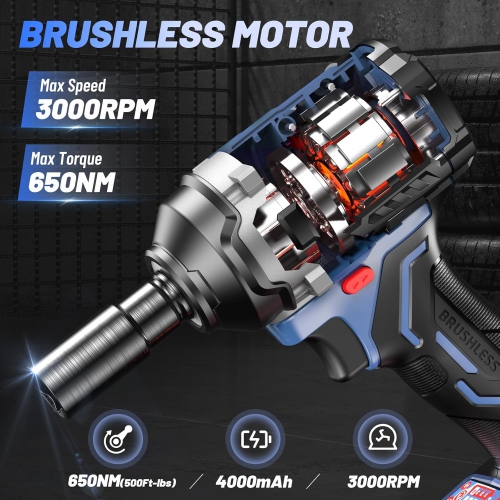 Elikliv Cordless Impact Wrench 1/2 inch, 500Ft-lbs Max Torque(650N.m), 21V 3000 RPM Power Impact Gun with 4 Sockets, 4000mAh Battery with Fast